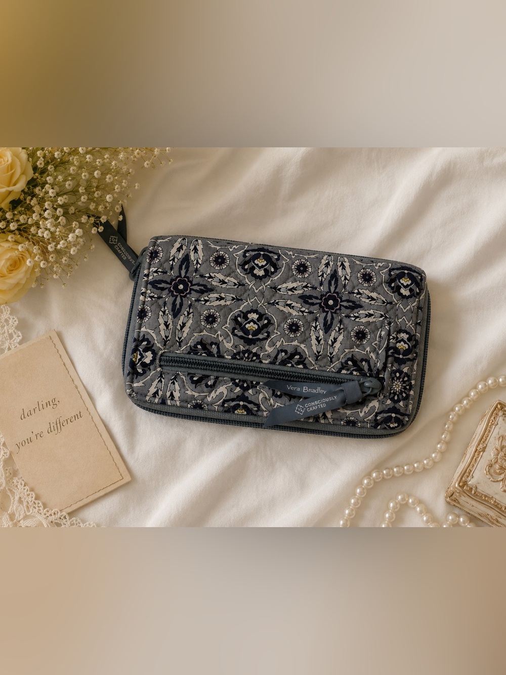 Vera Bradley Quilted Zip Wallet in Gray Floral Paisley
